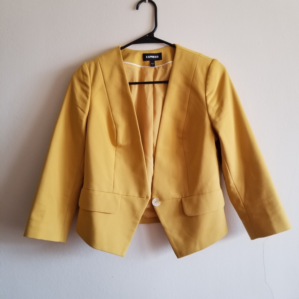 Express, one button blazer, 3/4 sleeves, mustard yellow, size 4